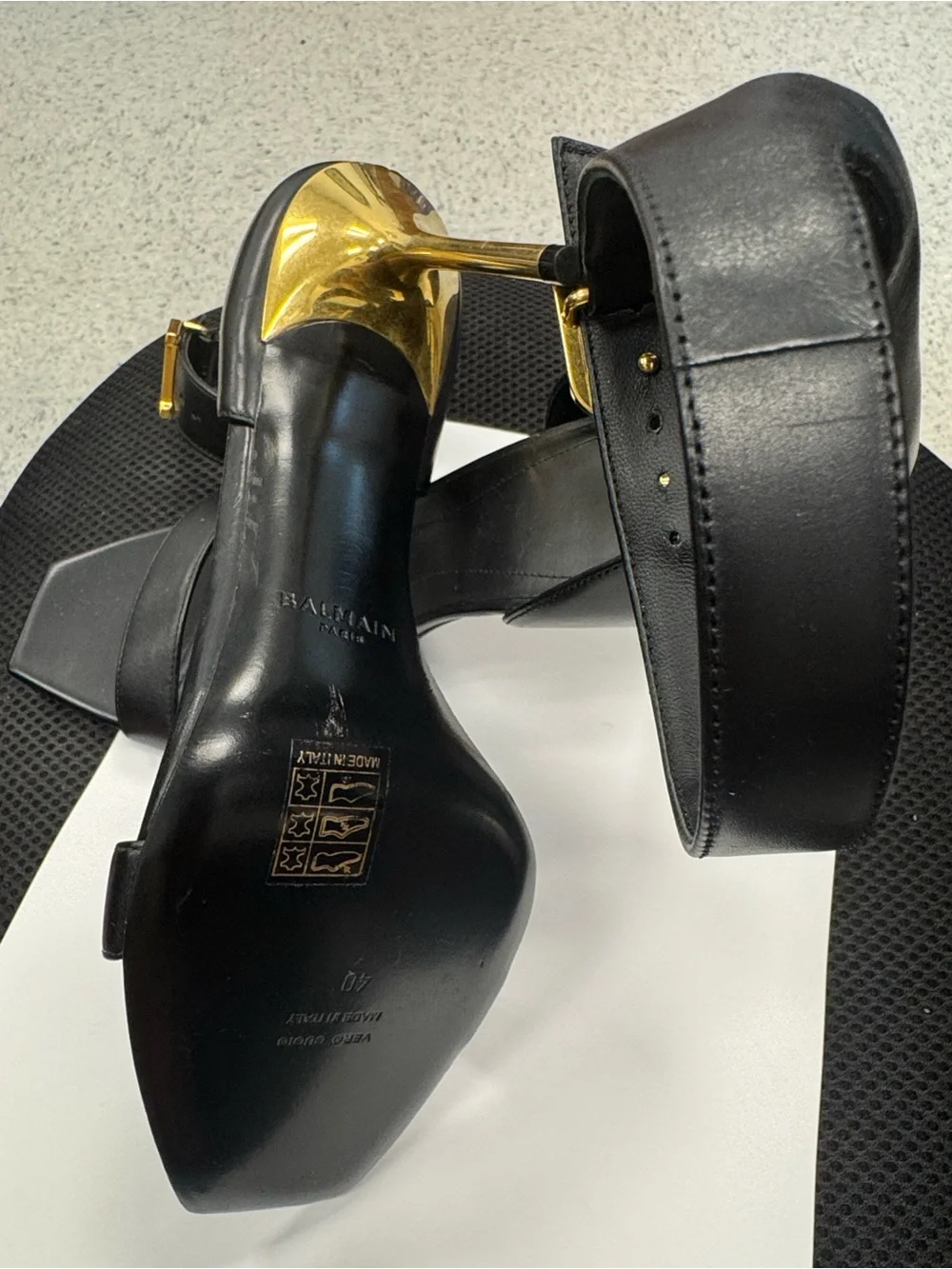Balmain Black Leather Square-Toe Ankle-Strap Heels